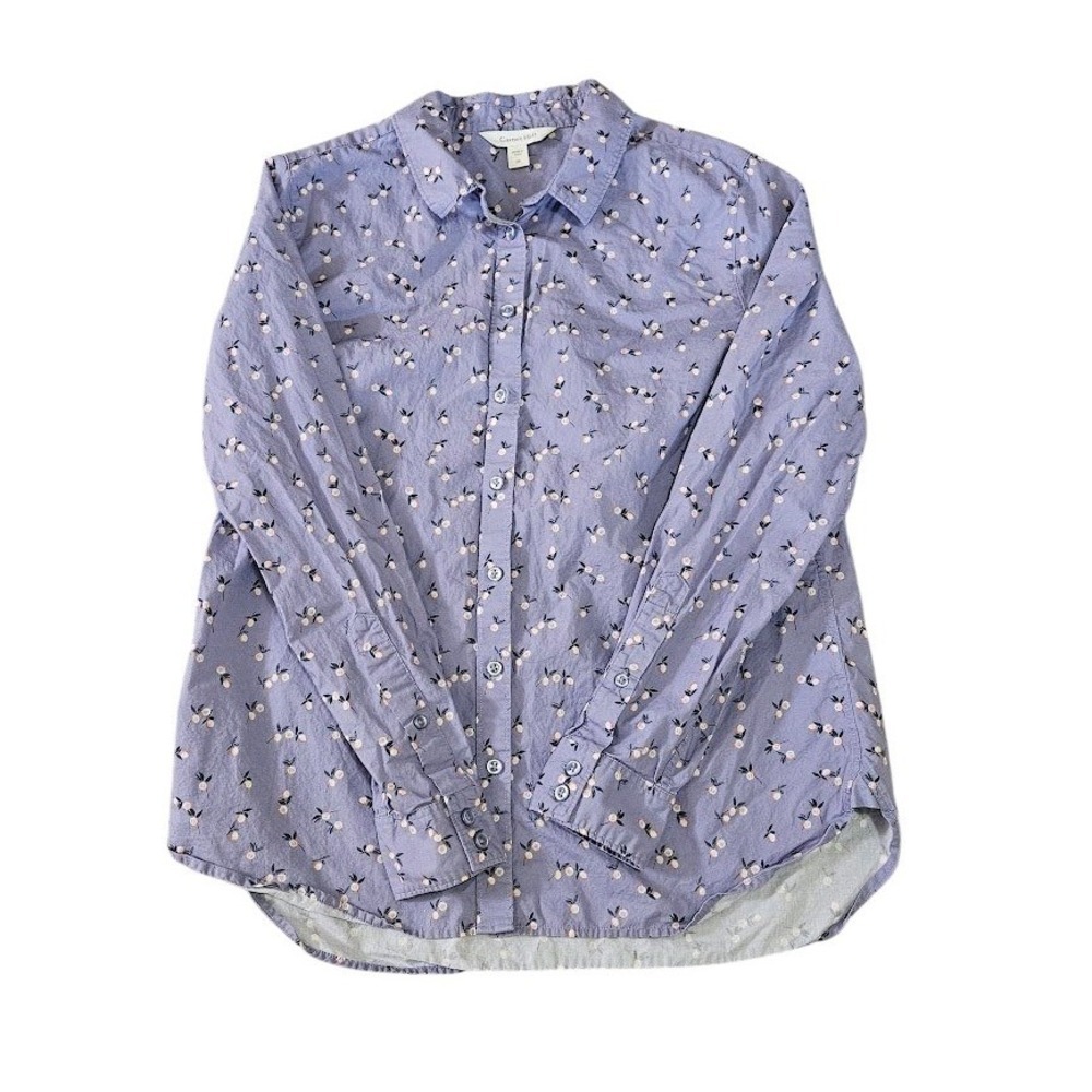 Garnet Hill Fruit Print Button Up Shirt Women Size 6 Purple 100% Organic Cotton